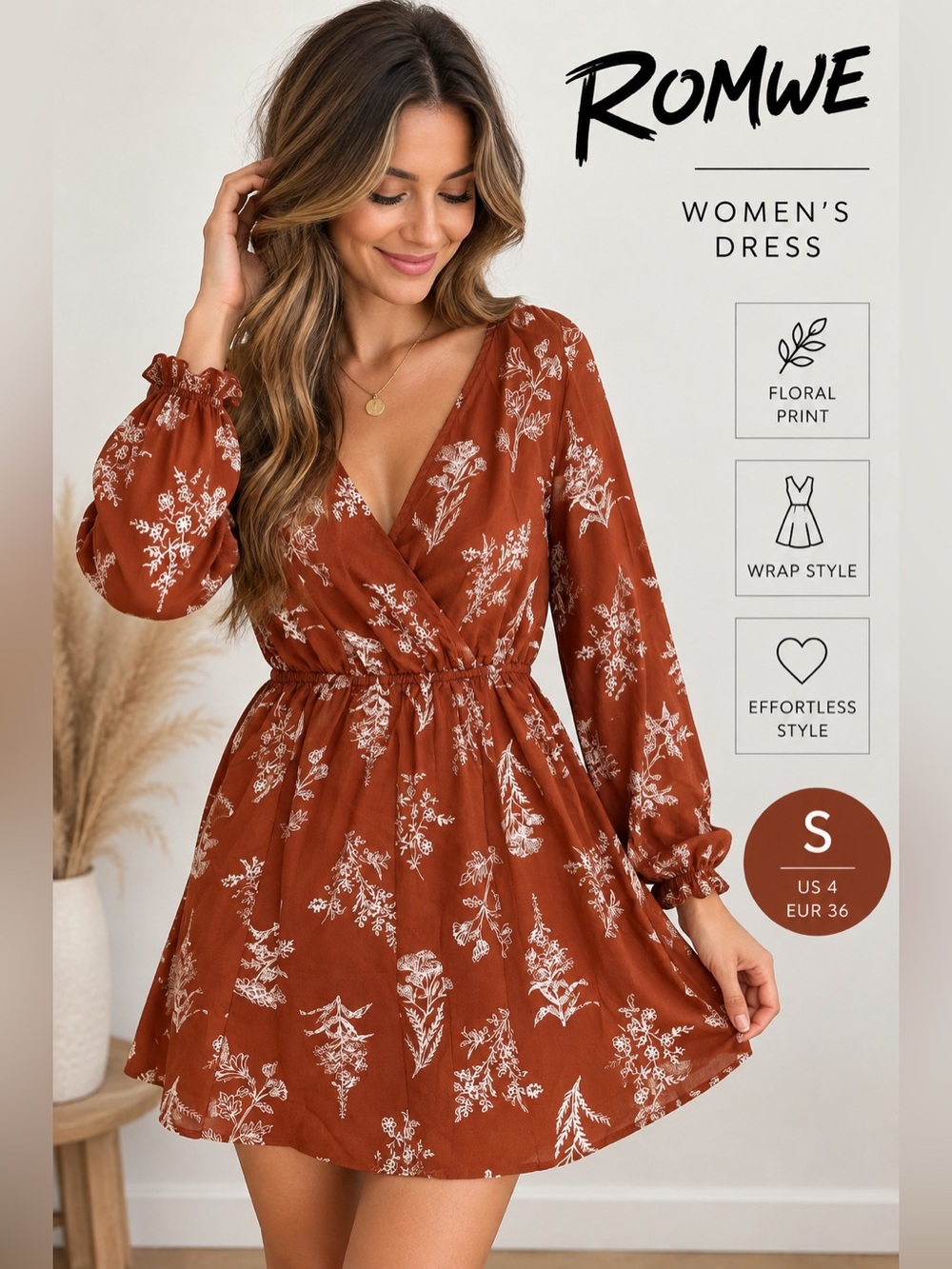 ROMWE Women’s Floral Wrap Mini Dress Rust Brown Long Sleeve Size S
